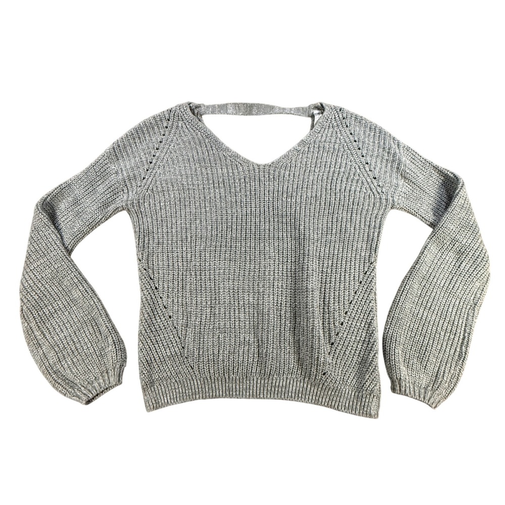89th Madison Sweater Women M Grey Shaker Knit V-Neck Glitter Back Strap Pullover
